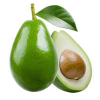 Fresh ripe avocado with leaf, cut in half showing seed. png