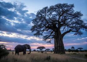 elephant. A mighty elephant stands beneath a majestic baobab tree in the soft light of dusk. photo
