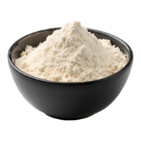 A mound of creamy all-purpose flour sits invitingly in a dark bowl, promising delicious baking adventures ahead in a bright studio setting. png