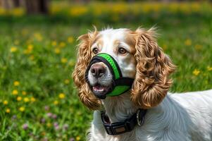 Smart dog. A charming cocker spaniel is happily walking in a spring park. With long ears, he runs through the green grass photo