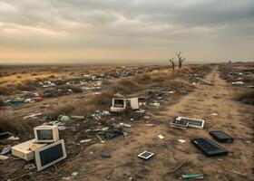 Dump. Endless expanses of dead desert, where the sands are littered with tons of electronic waste - broken monitors photo