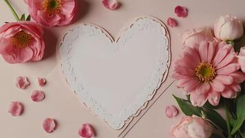 Delicate frame of delicate pink flowers on a pastel pink background photo
