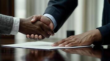 Handshake. Two business partners with sincere smiles shake hands over a newly signed contract photo