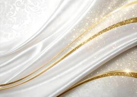 Luxurious white silk background with golden shiny lines and delicate ornament. Creates an atmosphere of sophistication photo