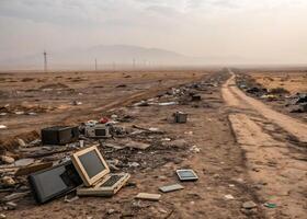 Endless expanses of dead desert, where the sands are littered with tons of electronic waste - broken monitors photo