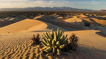 Dunes. Sand dunes illuminated by the soft rays of the setting sun. Cacti rise among the undulating sand photo