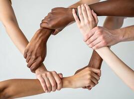 Image of unity on a light background - hands of people of different ages, genders, ethnicities form a harmonious circle photo