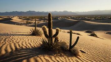 Desert. Sand dunes illuminated by the soft rays of the setting sun. Cacti rise among the undulating sand photo