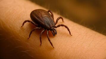 Macro shot of a brown tick walking on human skin showing fine detail and sharp texture photo