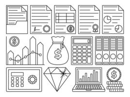 Banking and Finance Icons Outline style, including reports money calculator and charts perfect for business graphics fintech UI and presentations. vector