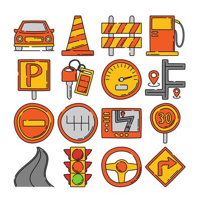 On The Way Handdrawn style, colorful icon set of road and driving elements perfect for travel apps maps traffic infographics transport visuals and automotive projects