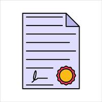 Signed Contract Flat design style, paper with signature and badge, symbolizing legal agreement, ideal for business, finance, or HR presentations vector