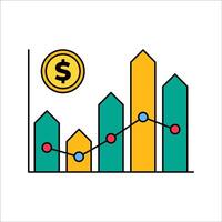 Bar Graph Flat design style, yellow bar chart with line graph overlay, showing data trends, perfect for business reports and data visualization vector