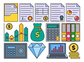 Banking and Finance Icons Flat design style, colorful finance tools including reports money calculator and charts perfect for business graphics fintech UI and presentations. vector