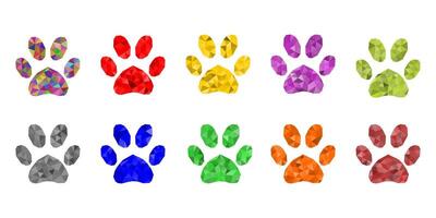 A colorful set of gem-like animal paw prints arranged in two rows, each featuring a unique vibrant color and faceted, jewel-like design. vector
