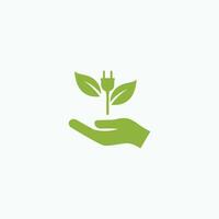 A hand holding an electric plug, connected to a plant, representing the harmony between human actions and environmental preservation. vector