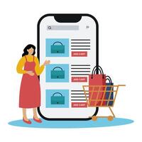Flat illustration of woman adding handbags to cart on mobile app with shopping cart. Perfect for online store ads, shopping app interfaces, e-commerce marketing vector