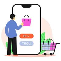 Illustration of man adding product to cart via mobile app, with shopping cart beside. Ideal for checkout process design, e-commerce ads, online shopping tutorials. vector