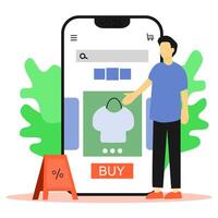 Flat design man shopping online with smartphone, browsing clothes, making a purchase. Perfect for e-commerce apps, online store promotions, mobile shopping UX vector