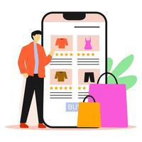 Man browsing clothing products on mobile shopping app, surrounded by colorful bags. Great for e-commerce marketing, online fashion store banners, mobile UI templates. vector