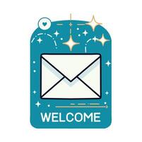 Flat design welcome email concept with envelope, sparkles, and heart icon. Ideal for newsletters, onboarding emails, or digital greeting campaigns vector
