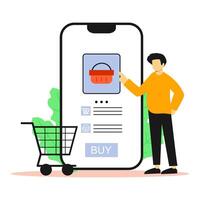 Man purchasing handbag online with shopping cart full of bags beside. Best for checkout page design, mobile e-commerce interfaces, online retail store visuals vector