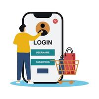 Male user logging into e-commerce app via smartphone, cart full of products. Great for user onboarding design, app login screens, secure shopping interface visuals vector