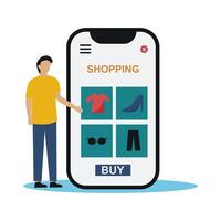 Man browsing online shopping app for clothes, shoes, sunglasses. Perfect for fashion e-commerce, online retail ads, shopping application interfaces vector