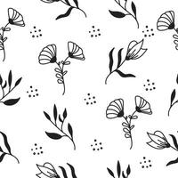 Seamless botanical pattern with hand-drawn flowers and leaves in minimalist black and white design vector