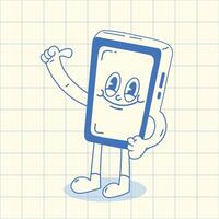 Whimsical smartphone character waves hello on a retro grid backdrop, emanating a cheerful and nostalgic vibe vector