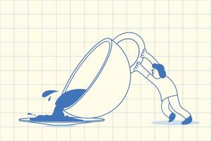 a Person Pouring Liquid from a Giant Cup , Expressing Effort and Scale, graphic elements for advertising, branding, posters and banners, funny cartoon illustration with character and mascot vector
