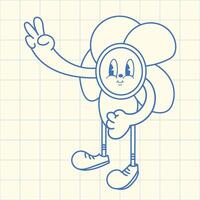 Groovy flower character with peace sign, retro cartoon style illustration with a smiling flower child vector