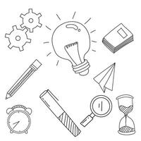 a set of icons that include a clock, a pencil, a paper clip, a light bulb vector