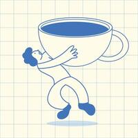 Cartoon character lifting an oversized coffee cup with determination for caffeine addiction concept vector