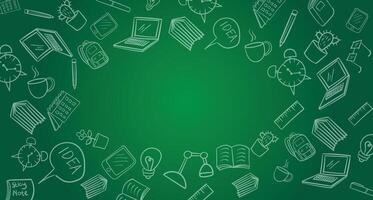 a green background with a bunch of school supplies vector