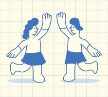 Illustration of two cartoon characters giving a high five on graph paper background, celebrating teamwork vector