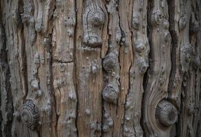background is a close up of an old tree with deep cracks and furrows. In the center, a tree knot with concentric circles is visible, surrounded by a rough bark texture. photo