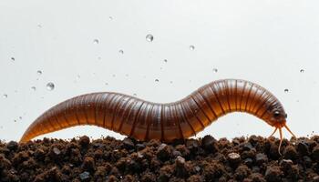 a brown worm crawling on top of dirt photo