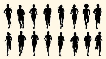 Silhouettes of diverse people running in various poses, arranged in two rows on a light background. vector