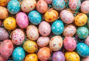 many colorful easter eggs are arranged in a pile photo