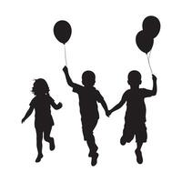 a group of children silhouette with balloons on there hand vector