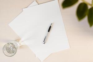 Blank paper, glass of water and pen on the table. Flatlay, mock up. Home plant in the frame. Copy space photo