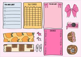 cute notepad, planner stickers, and washi tape set. set of planner elements for journaling and scrapbooking. vector