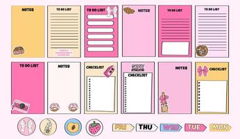 set of checklists, to-do lists, notes, memo pad, and notepad pages. vector