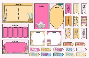 girly planner sticker, sticky notes and notepad set. vector