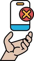 A hand holding a cell phone with a red X on it vector