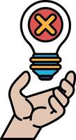 A hand holding a light bulb with an X on it vector