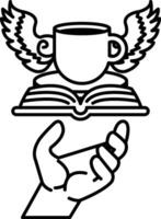 hand is holding a book and a cup with wings on top of it vector