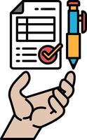 A hand holding a pen and a piece of paper with a check mark on it vector