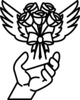 hand holding a bouquet of roses with a ribbon vector